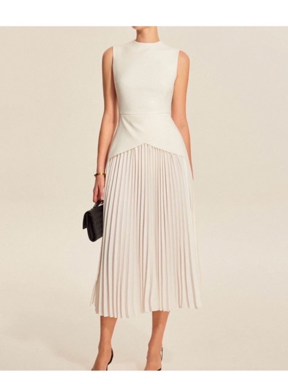 Commense Cream Sleeveless Pleated Midi Dress